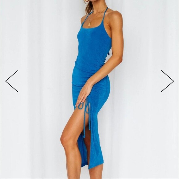 Hello Molly blue no bad vibes tie halter ruched side slit woven midi dress - Picture 2 of 12